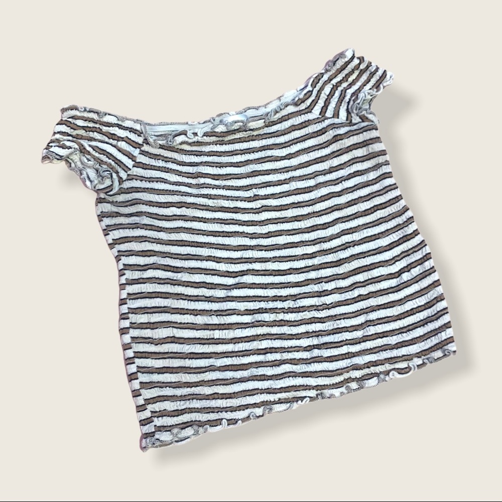 Ruched Lettuce Trim White/Tan Striped Top